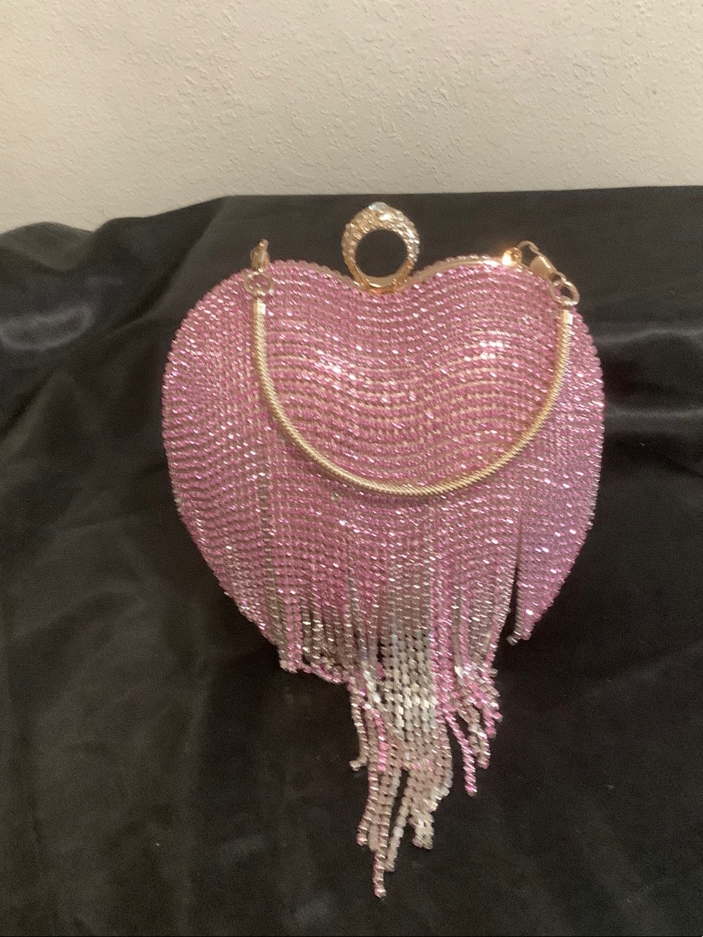 Pink Crystal Heart Fringe Evening Bag